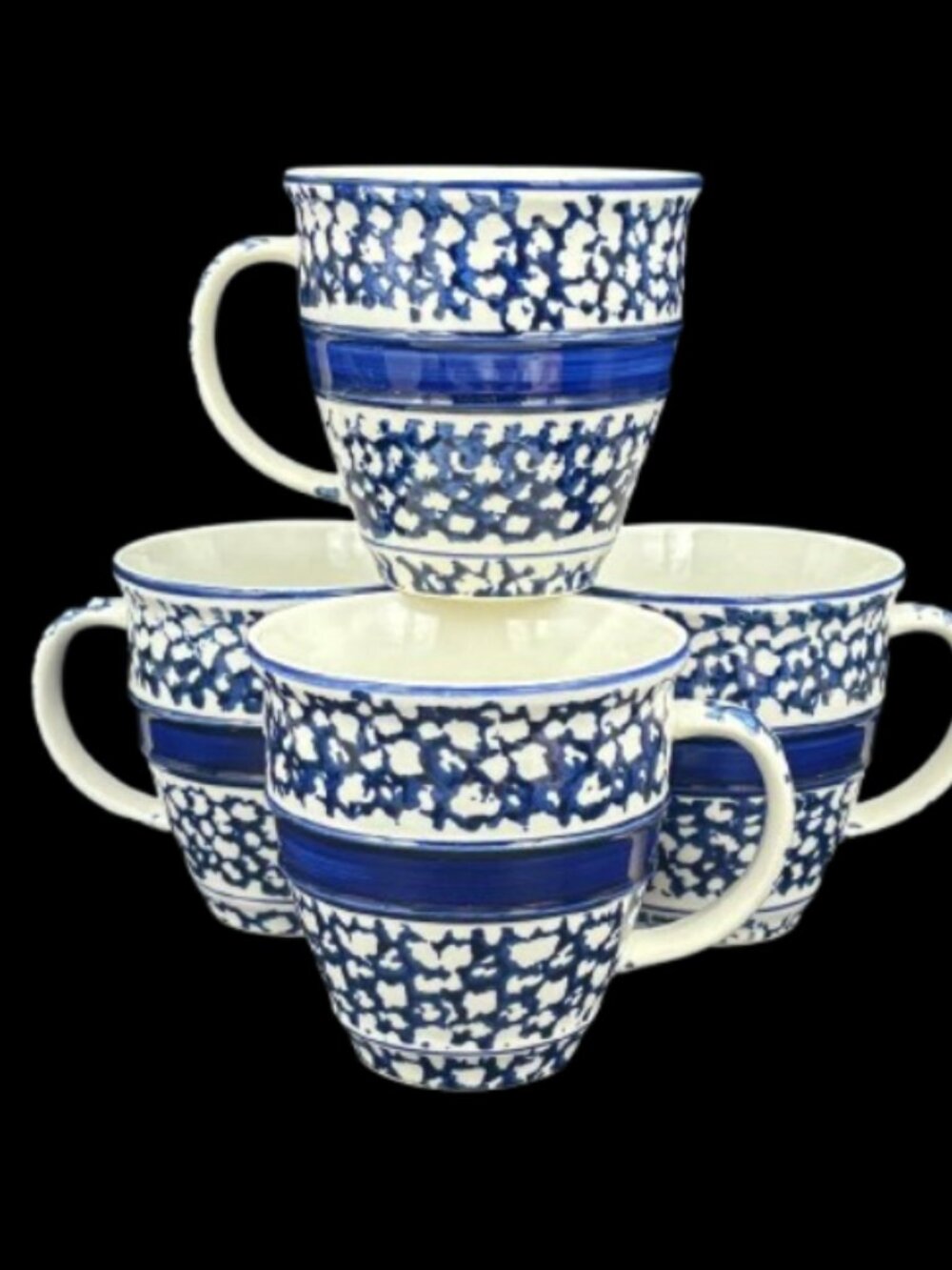 Vintage (New Cond) Tienshan Country Crock Sponge Blue Stoneware Mugs Set of 4